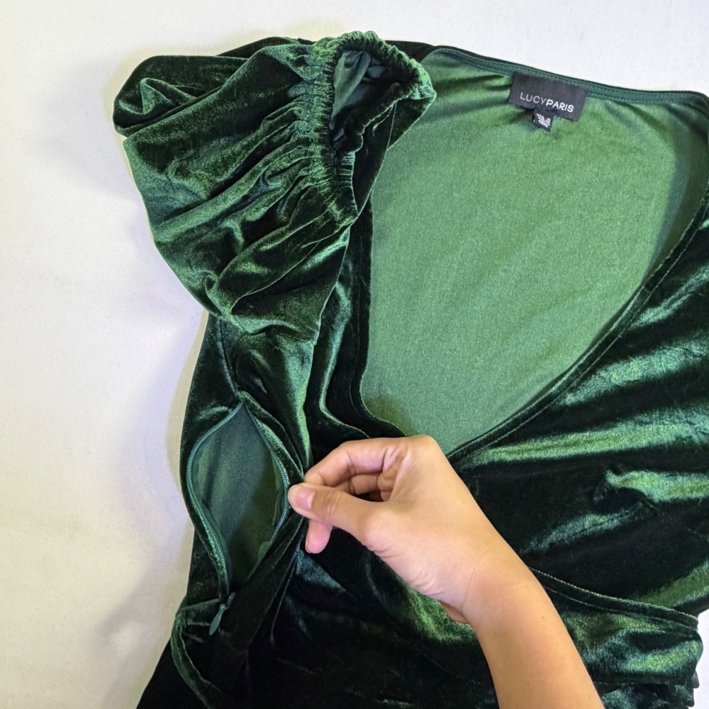 Lucy Paris Womens Emerald Green Velvet Wrap Dress Puff Sleeve High Low Small - Picture 9 of 12